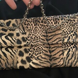 Brown and Black Animal Print Clutch with Chain Strap
